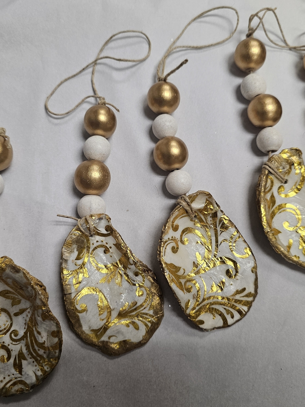 Handpainted & Decoupaged Gold and White Decorative Bead and Shell Ornament Set